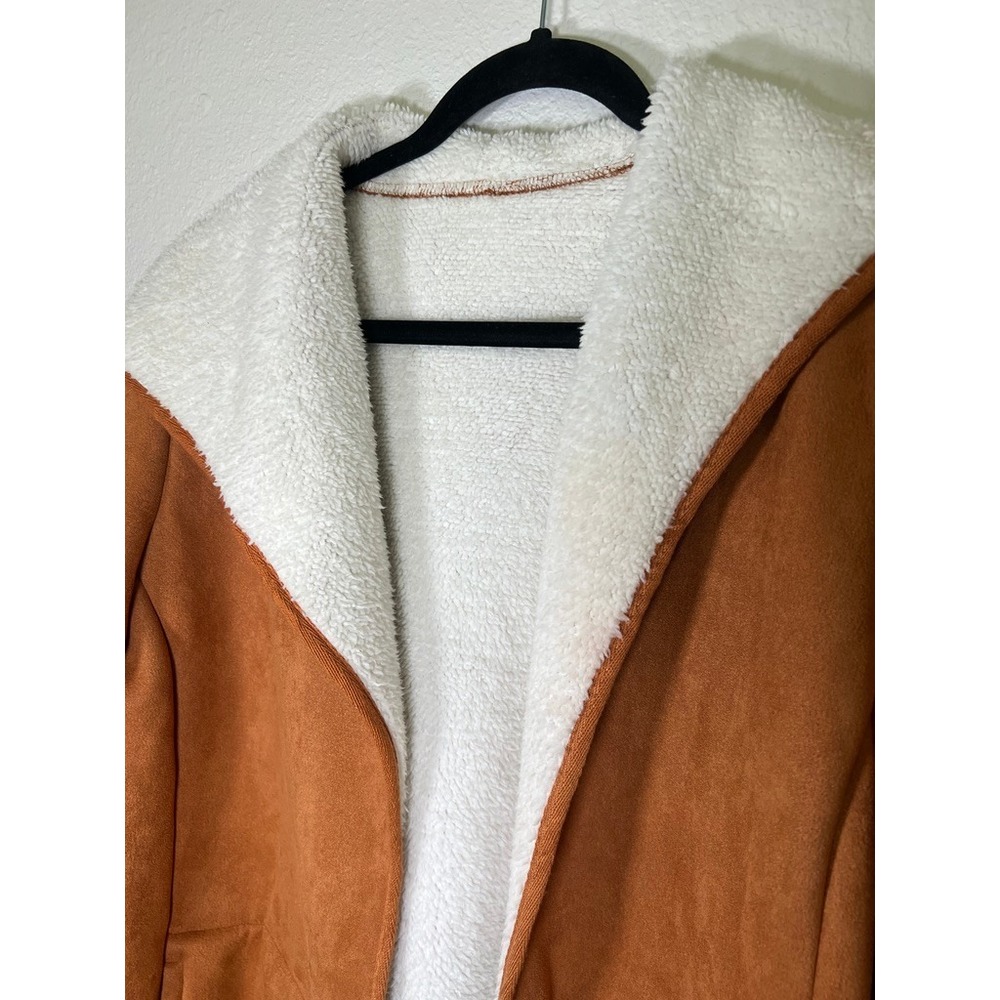 Faux Suede Sherpa Lined Open Front Jacket Size M Cognac Brown Cozy Cabincore - Picture 11 of 12